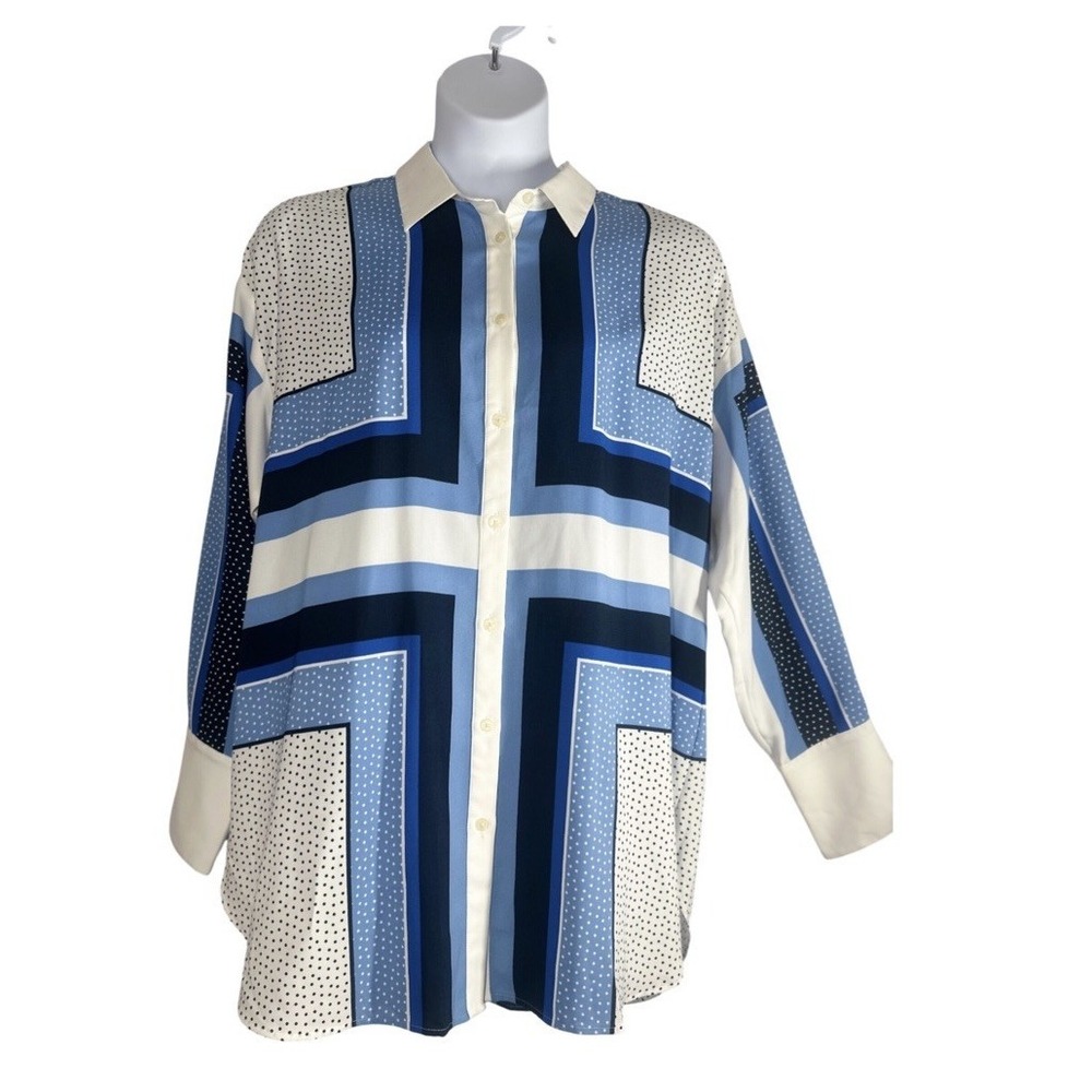 NWT!  LOFT Blue White Black Geometric Dot Print Button Down Big Shirt Sz: XL